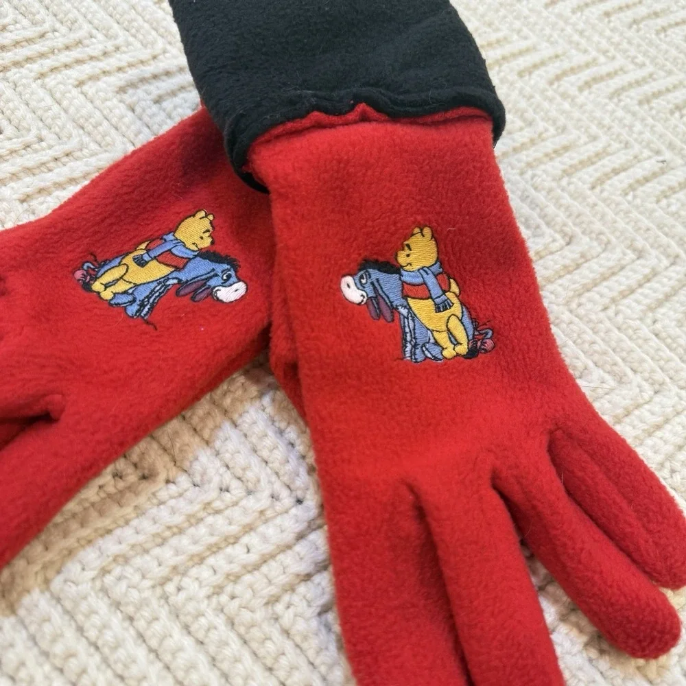 Winnie the Pooh Embroidered Eeyore Fleece Gloves‎ Adult Red Vintage 90s Disney